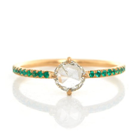 Round Rose Cut Diamond & Emerald Disco Ring 18k gold engagement ring 