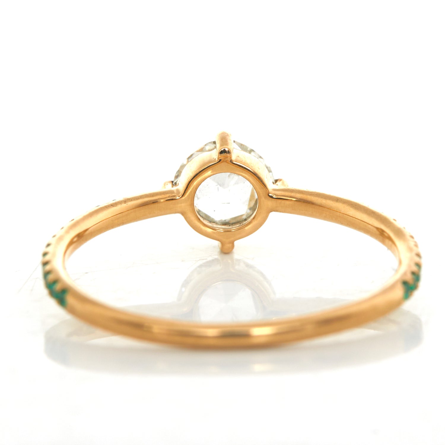 Round Rose Cut Diamond & Emerald Disco Ring 18k gold engagement ring back view