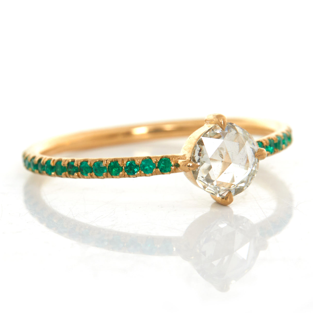 Round Rose Cut Diamond & Emerald Disco Ring 18k gold engagement ring side view