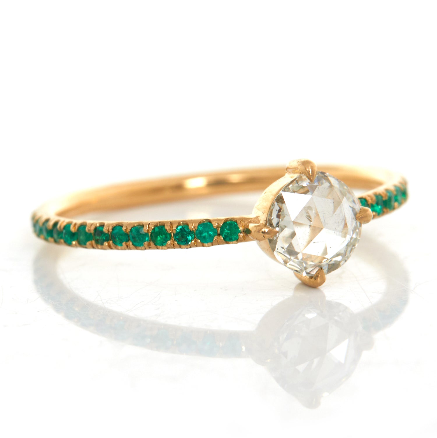 Round Rose Cut Diamond & Emerald Disco Ring 18k gold engagement ring side view