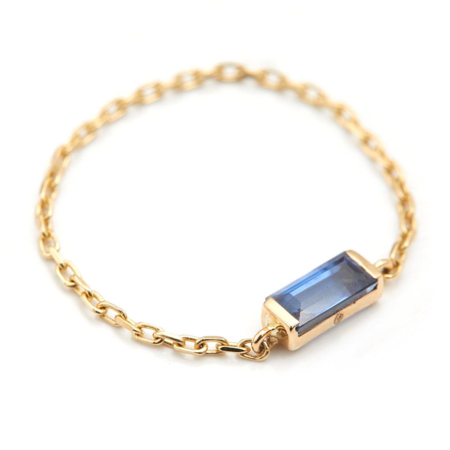 Royal Blue Sapphire Baguette Chain Ring 14k gold Stackable ring side view