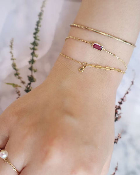 Rubellite Bar Bracelet 18k gold Stackable design on model 1