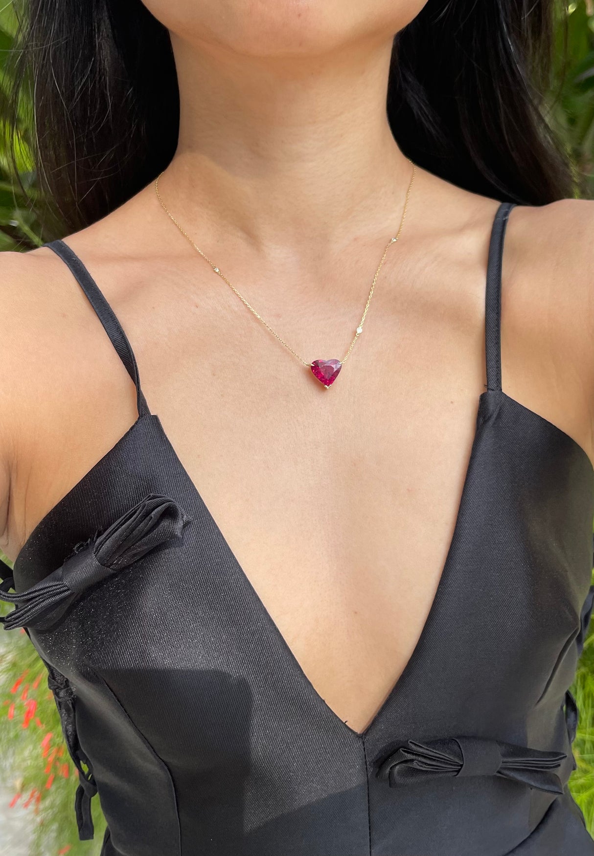 Rubellite Coeur Supreme Necklace 18k gold handmade fine jewelry on model