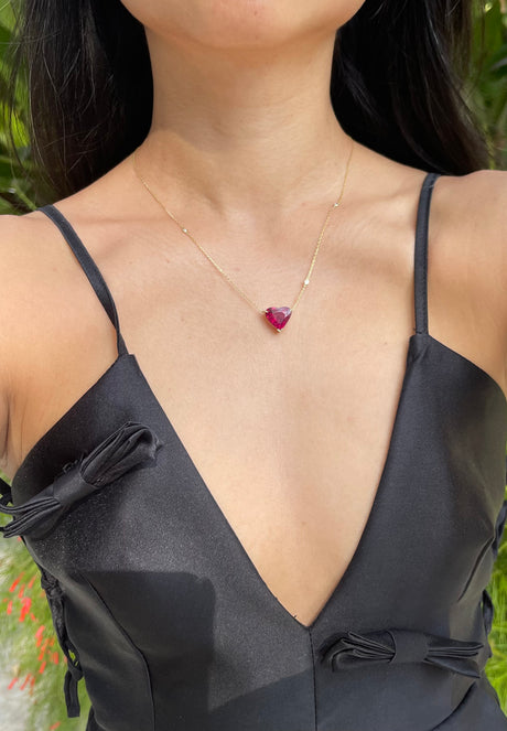 Rubellite Coeur Supreme Necklace 18k gold handmade fine jewelry on model
