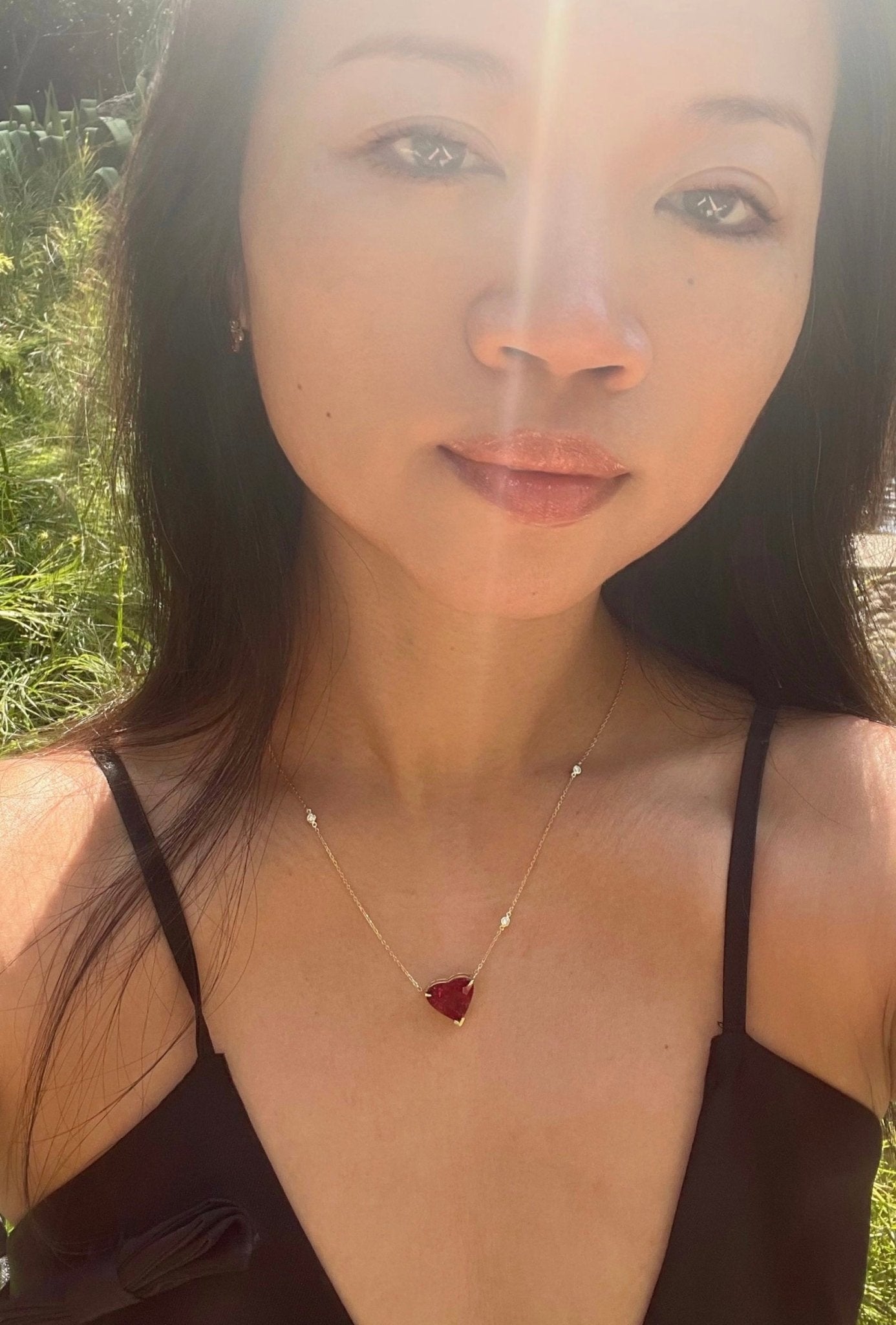 Rubellite Coeur Supreme Necklace 18k gold handmade fine jewelry on model 2