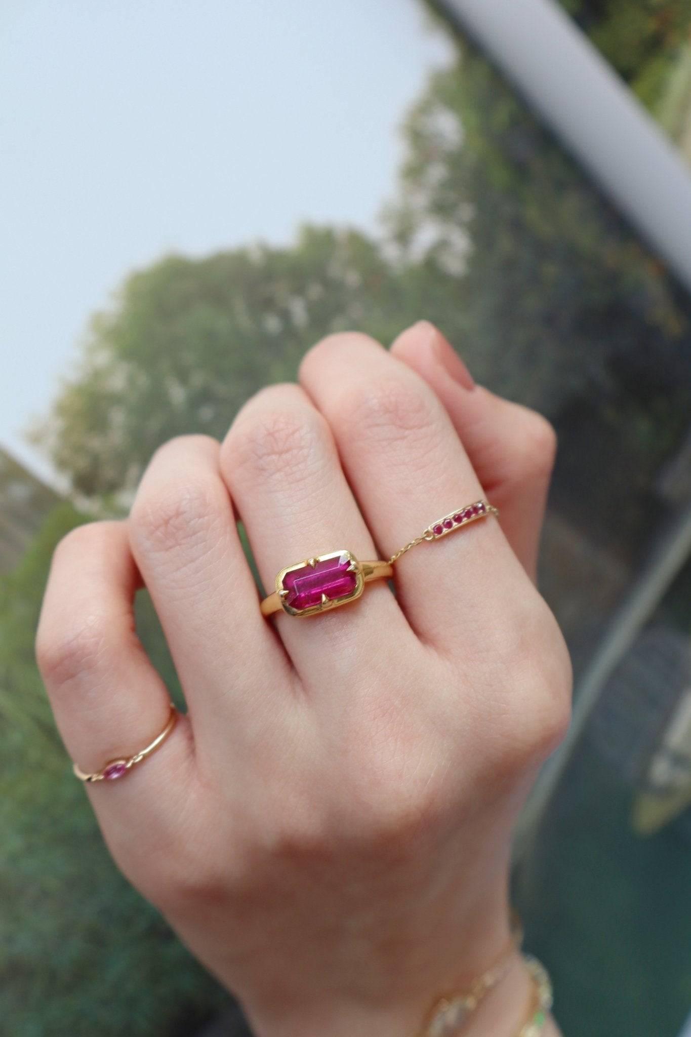 Rubellite Compass Ring 18K engagement ring on model