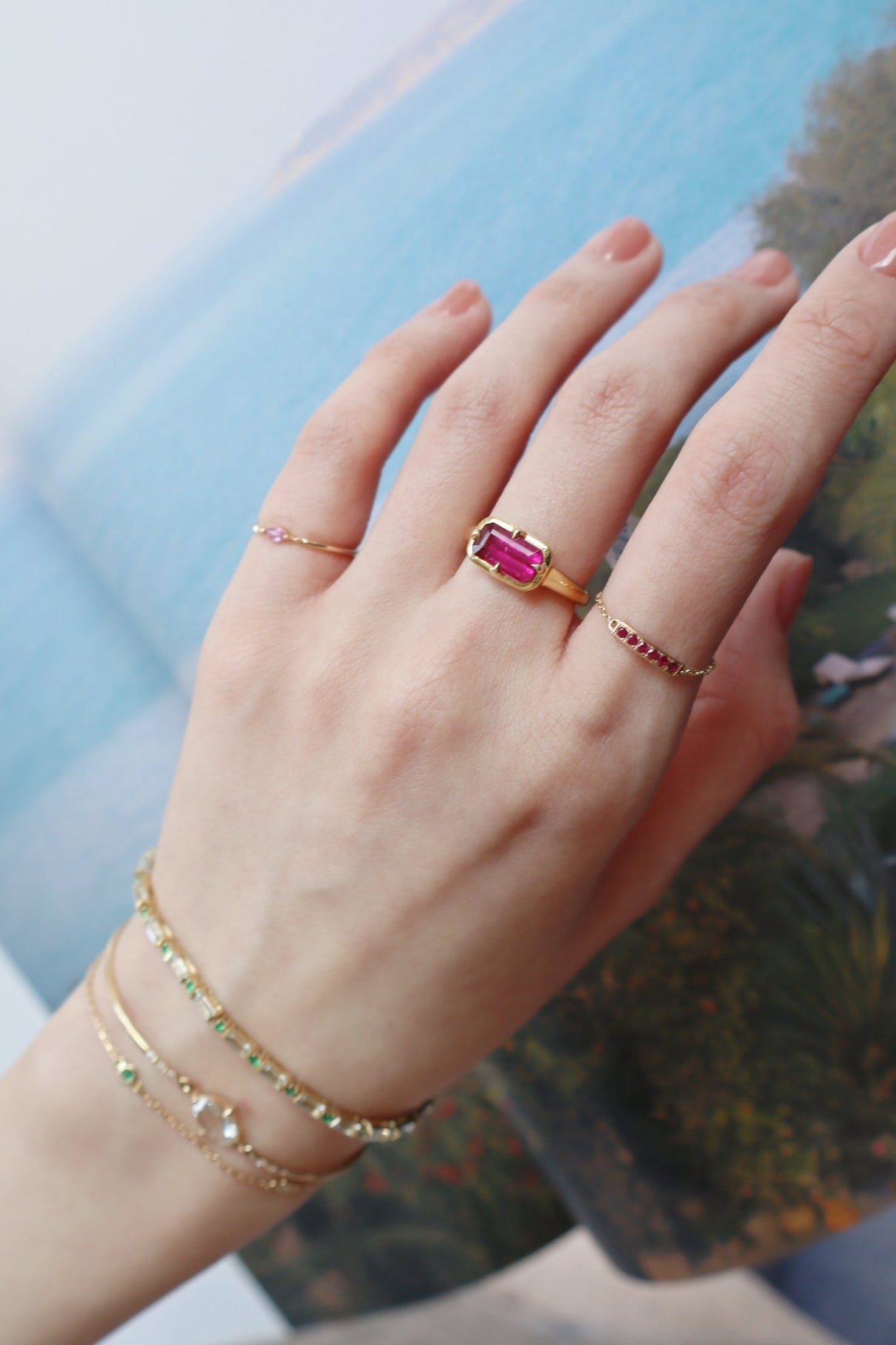 Rubellite Compass Ring 18K engagement ring on model 1