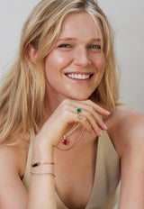 Rubellite & Diamond Arrow Pendant Necklace 18k gold handmade fine jewelry on model