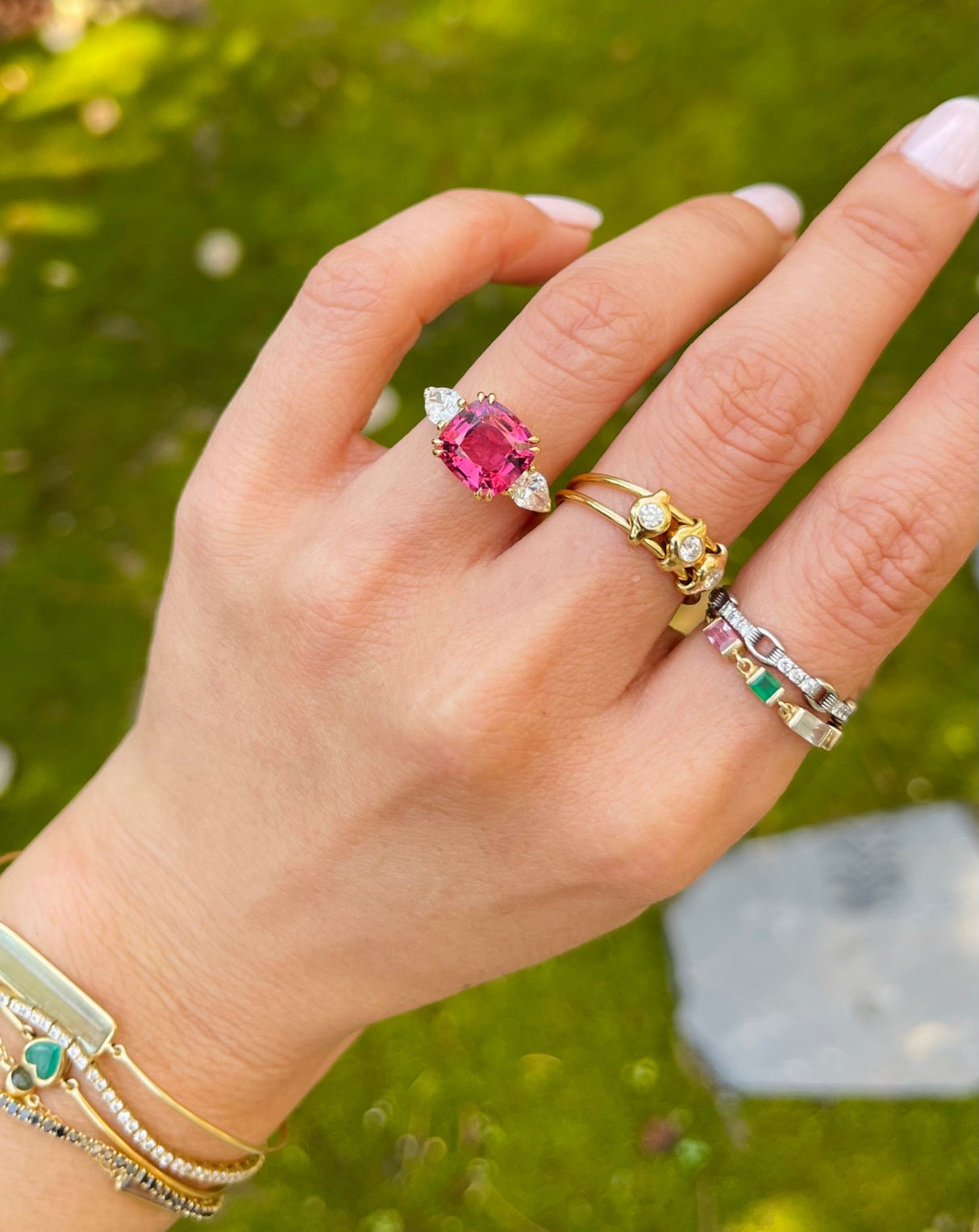 Rubellite & Diamond Eternal Ring 18k gold engagement ring on model