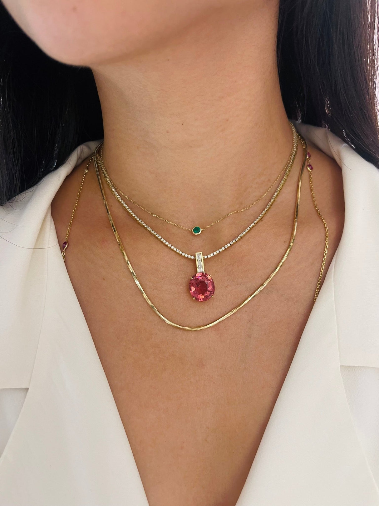 Rubellite & Diamond Supreme Pendant Necklace 18k gold handmade fine jewelry on model