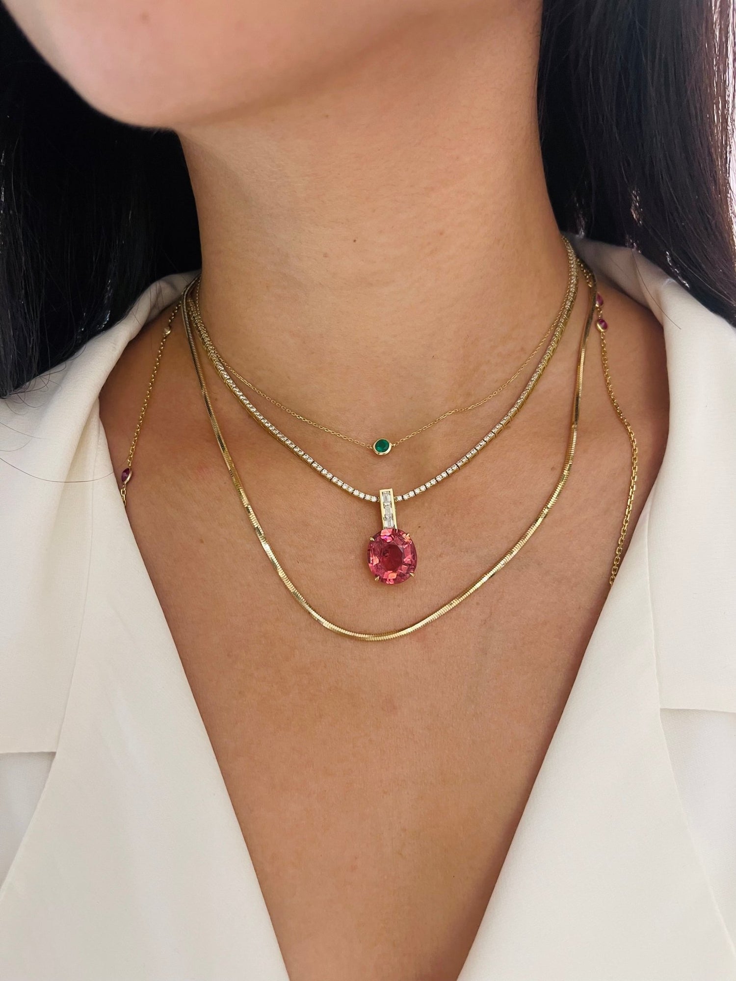 Rubellite & Diamond Supreme Pendant Necklace 18k gold handmade fine jewelry on model