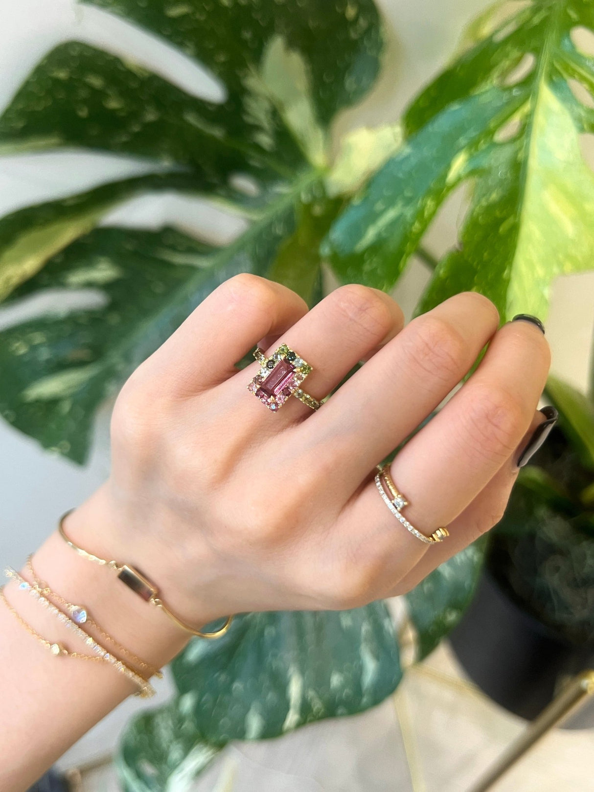 Rubellite Watermelon Candy Ring 18k gold engagement ring on model