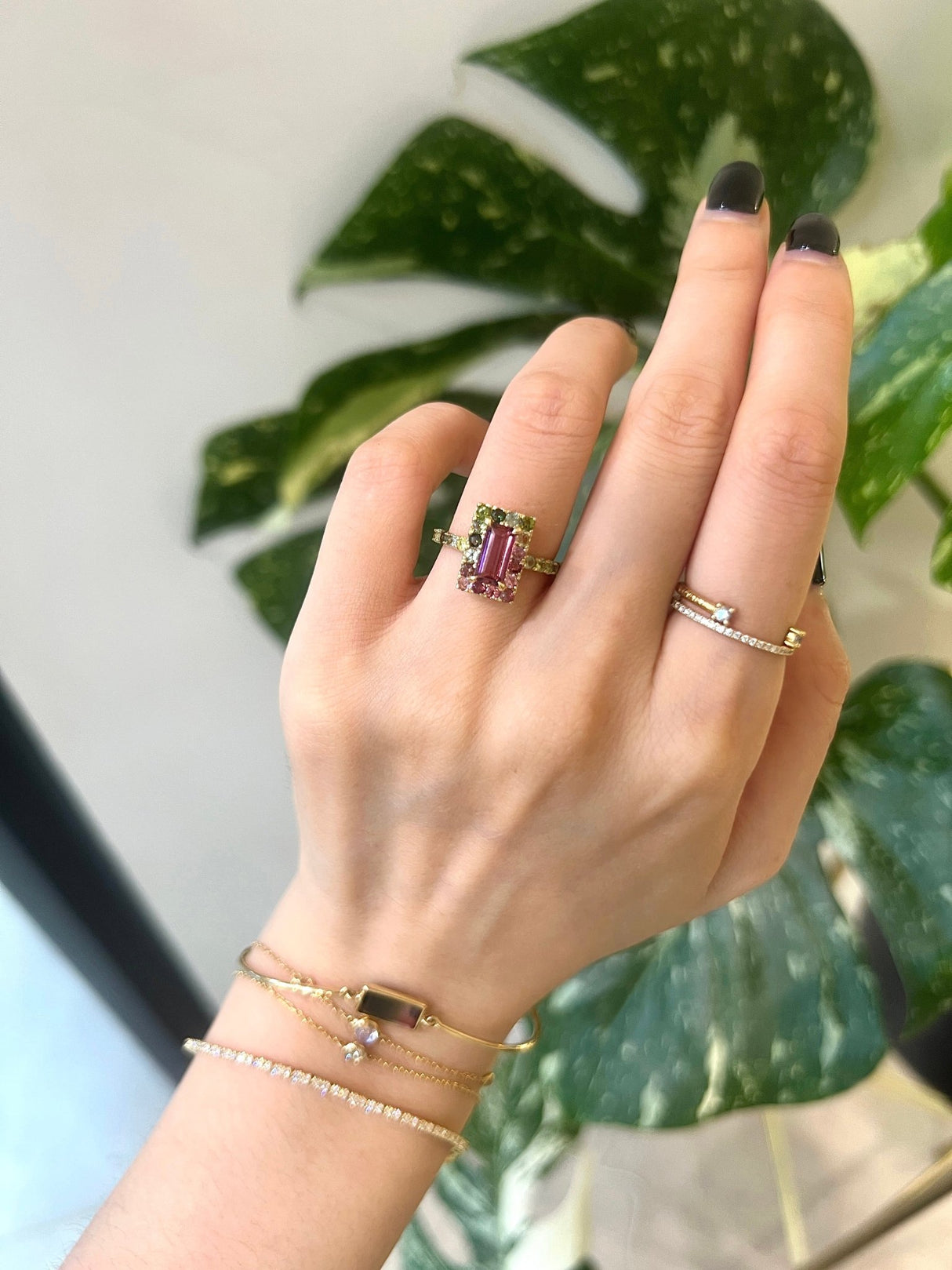 Rubellite Watermelon Candy Ring 18k gold engagement ring on model