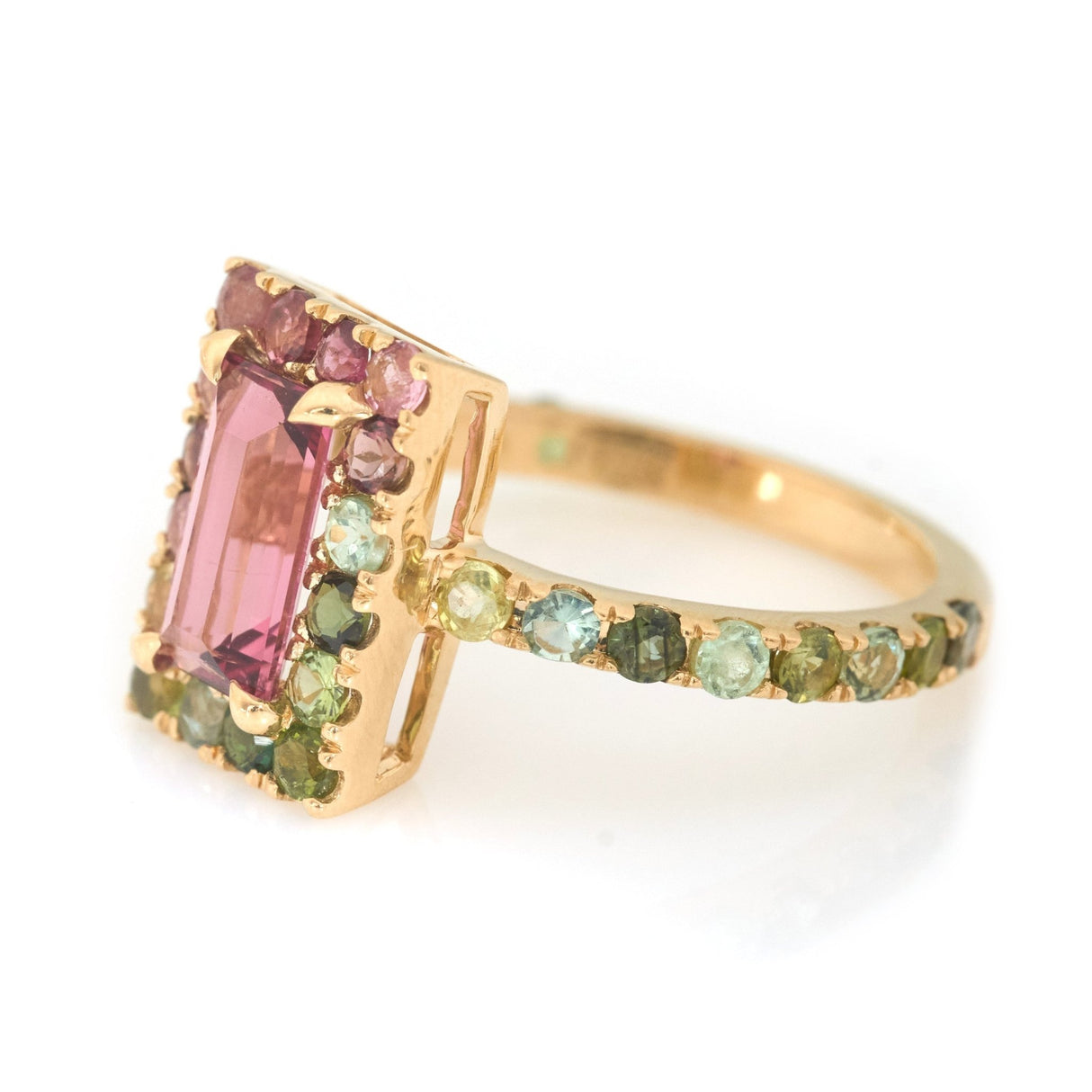 Rubellite Watermelon Candy Ring 18k gold engagement ring side view