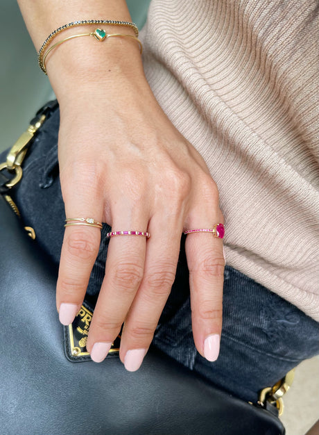 Ruby Baguette Infinite Ring 18k gold Stackable ring on model