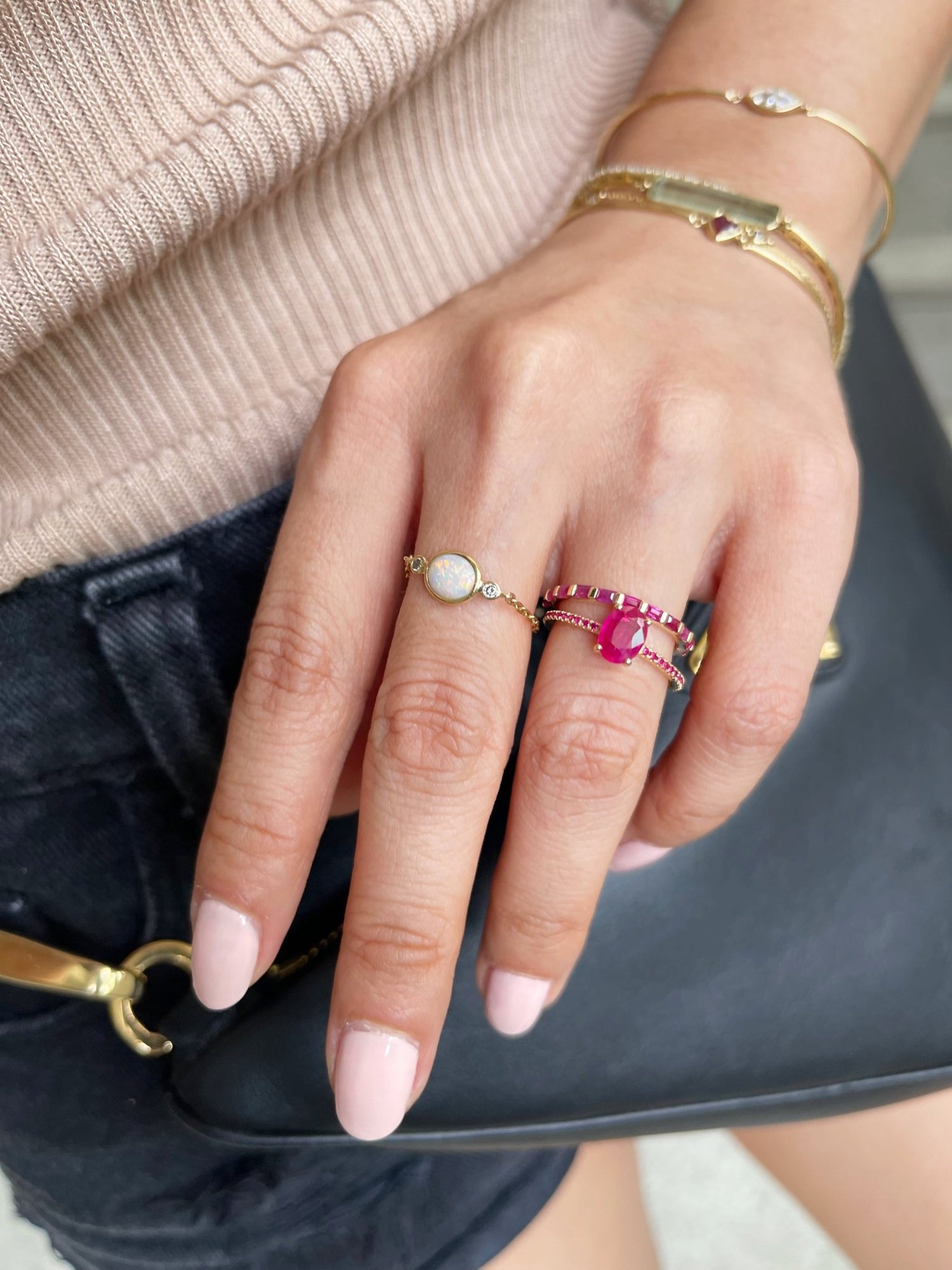 Ruby Baguette Infinite Ring 18k gold Stackable ring on model