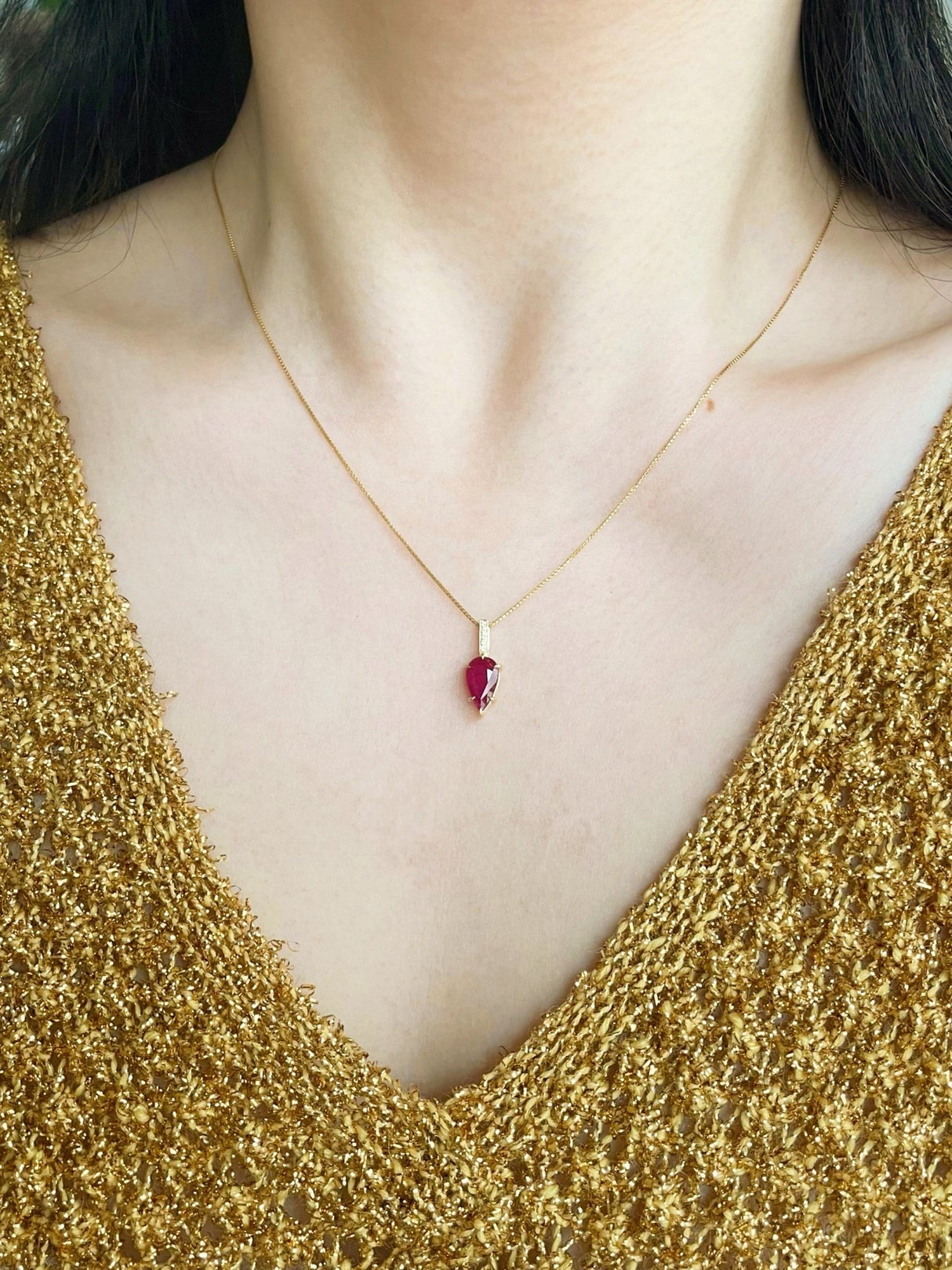 Ruby & Diamond Arrow Necklace 18k gold handmade fine jewelry on model 2