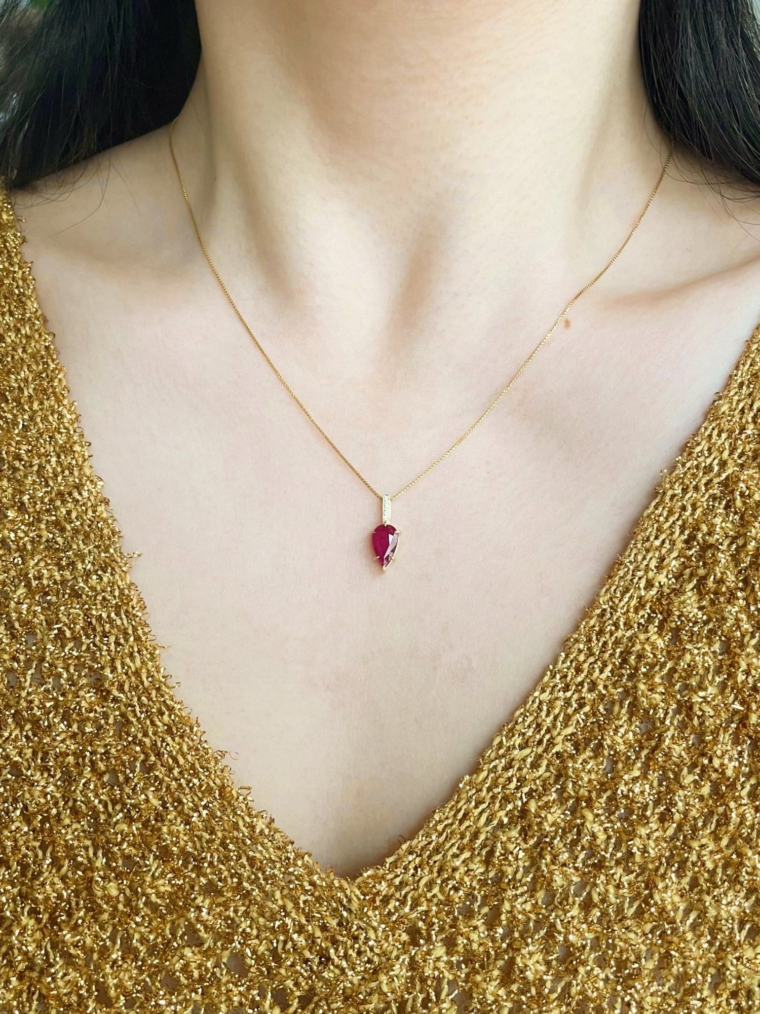 Ruby & Diamond Arrow Necklace 18k gold handmade fine jewelry on model 2