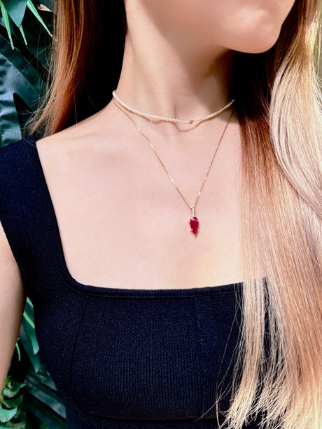 Ruby & Diamond Arrow Supreme Necklace 18k gold Handmade fine jewelry on model