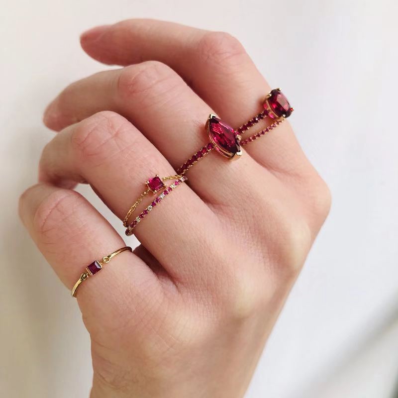 Ruby & Diamond Candy Stripe Infinite Ring 18k gold stackable ring on model