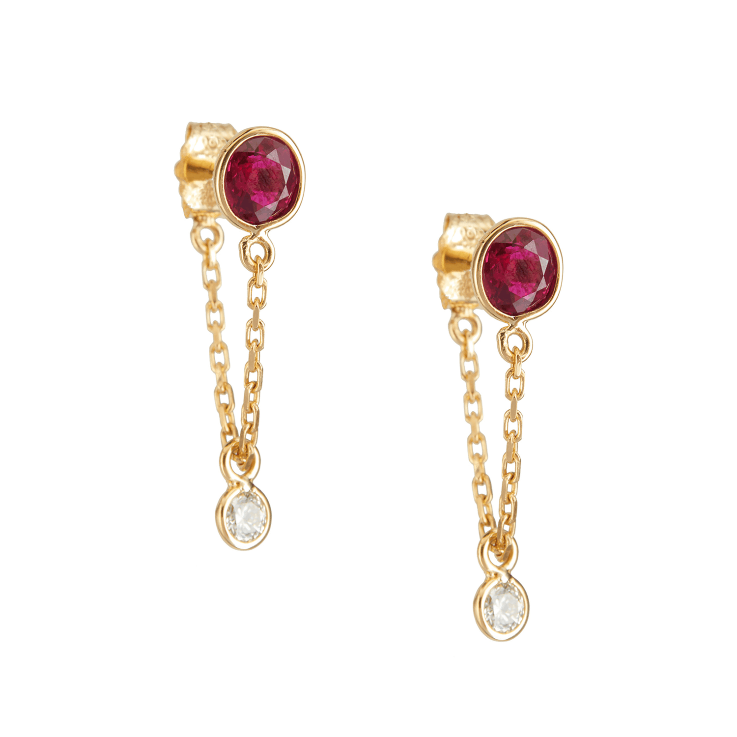 Ruby & Diamond Chain Earrings 18K Gold Handmade Fine Jewelry