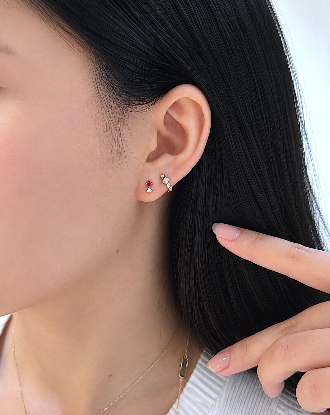 Ruby_Diamond_Dot_Studs_Pairs_18K_gold_handmade_fine_jewelry_on_model_2
