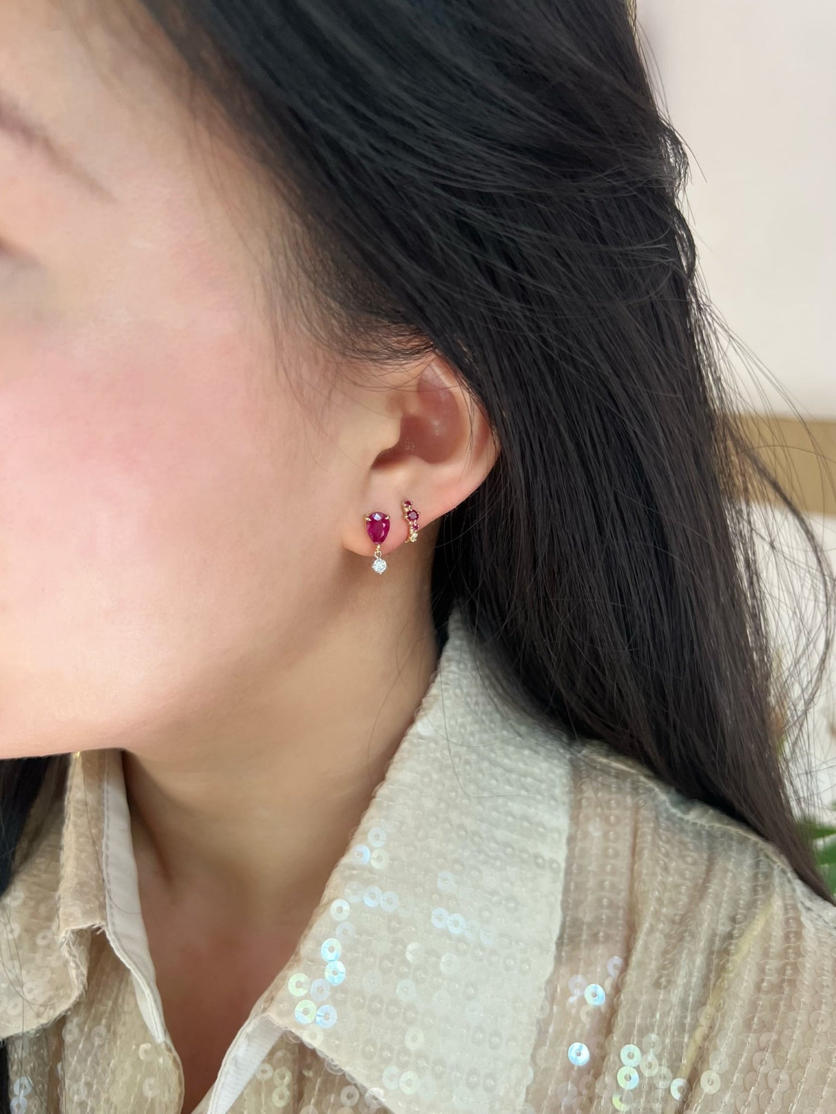 Ruby & Diamond Earrings on model