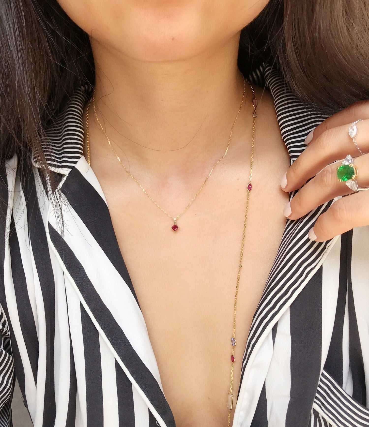 Ruby & Diamond Whispers Necklace 18k gold handmade fine jewelry on model