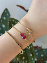 Ruby Double Pear Bangle 18k gold stackable design on model