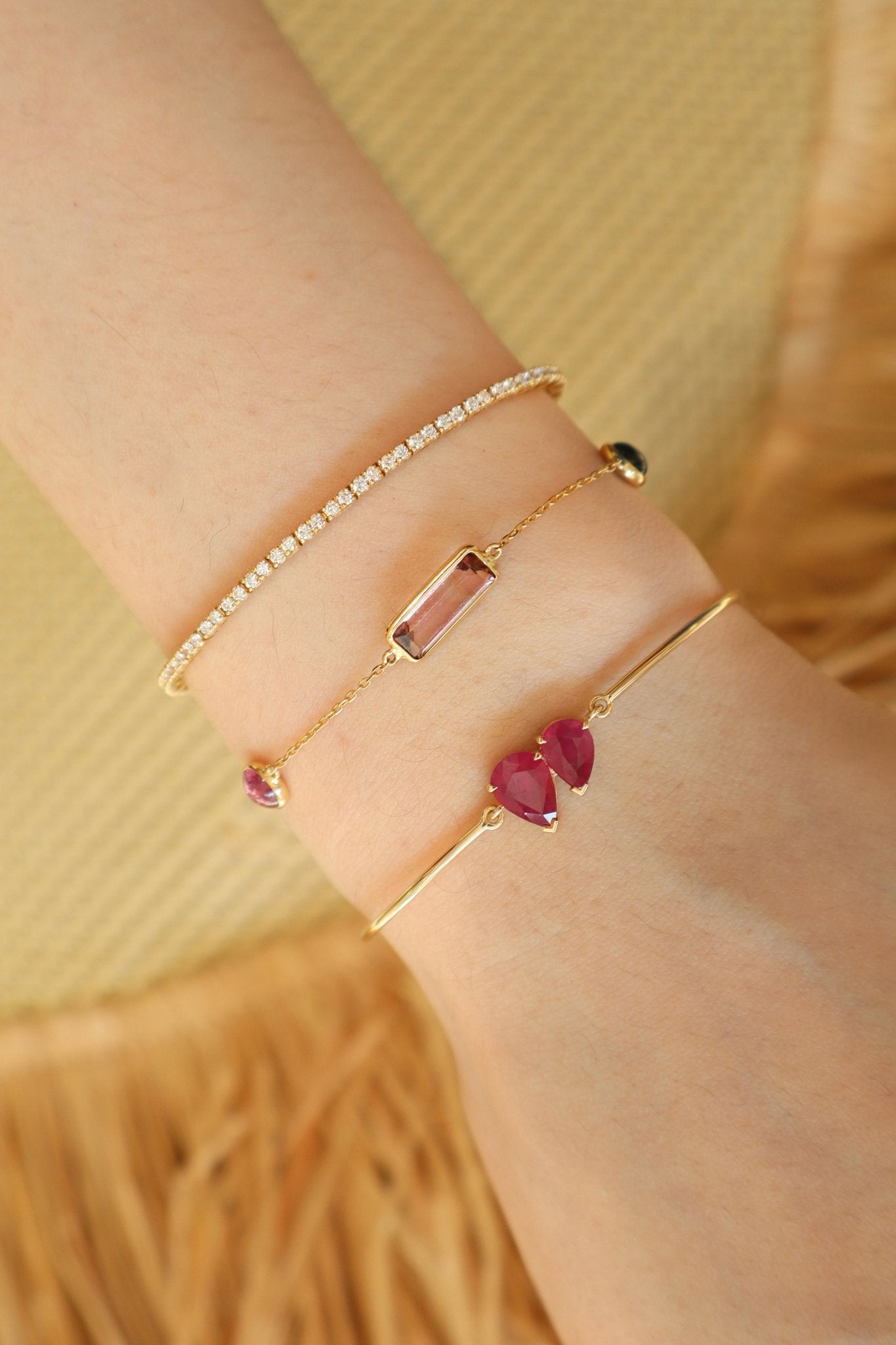 Ruby Double Pear Bangle 18k gold stackable design on model 2