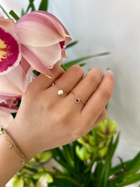 Ruby Drop Chain Ring 18k gold Stackable ring on model