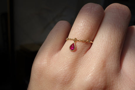 Ruby Drop Half Chain Ring 14k gold Stackable ring on model