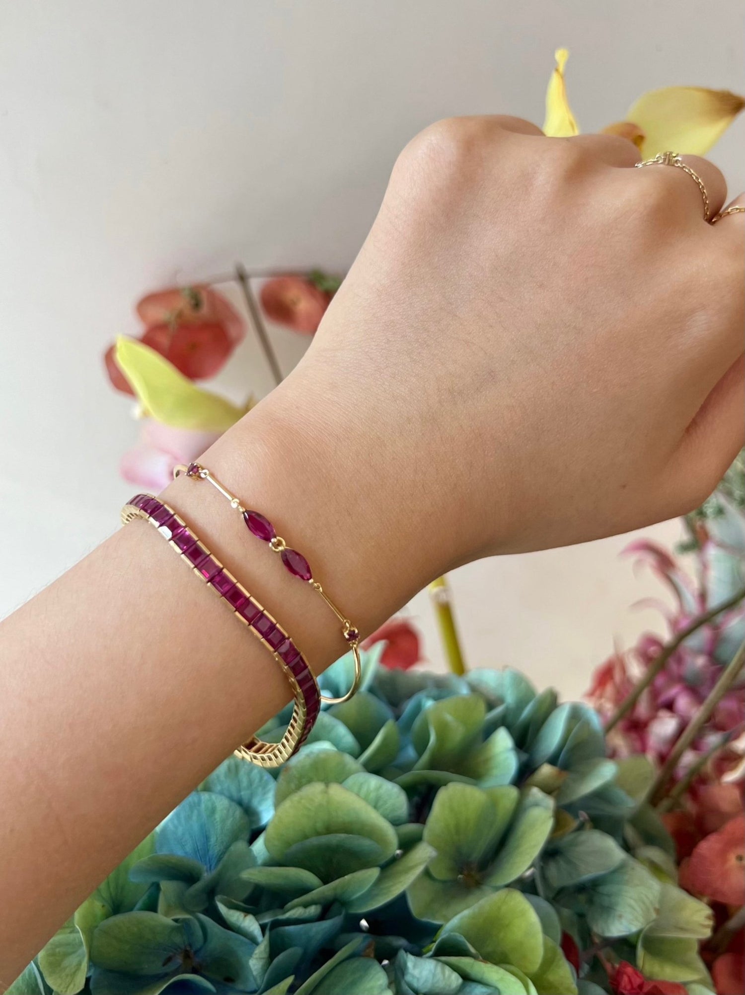 Ruby Duo Bracelet 18k gold stackable design on model