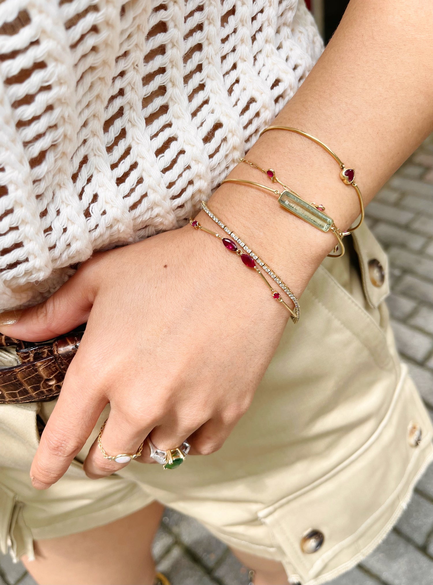 Ruby Duo Bracelet 18k gold stackable design on model 3