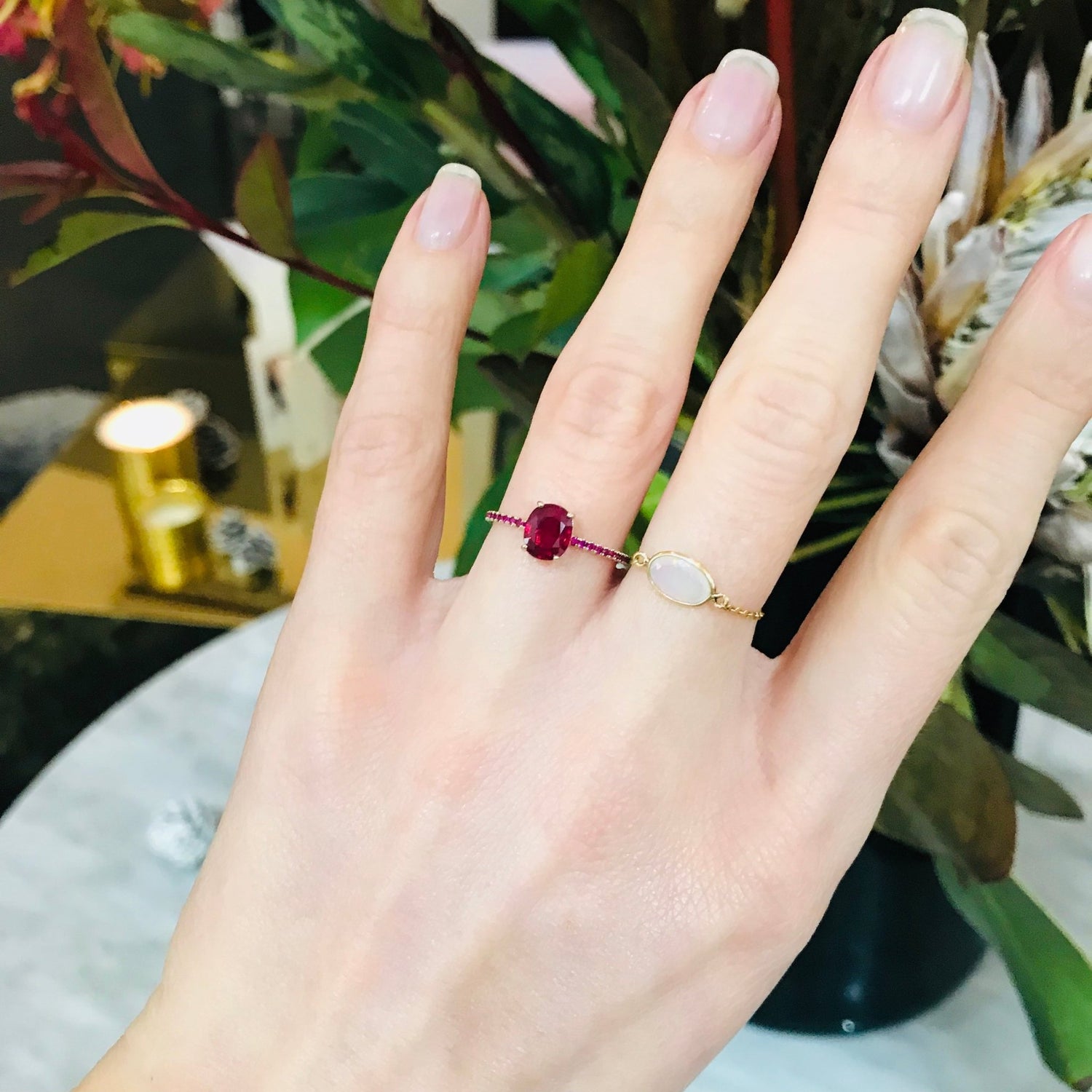 Ruby Essentials Ring 18k gold engagement ring on model 4