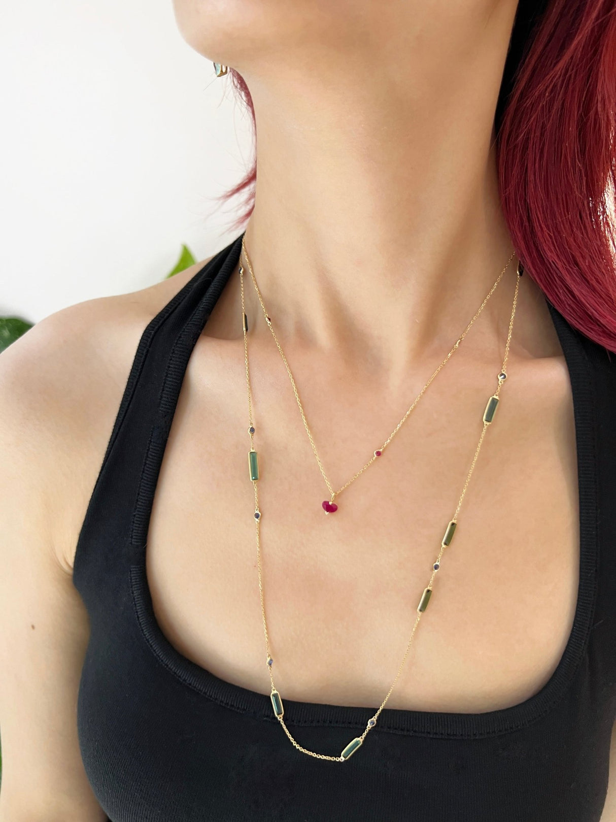 Ruby Heart Necklace 18k gold handmade fine jewelry on model