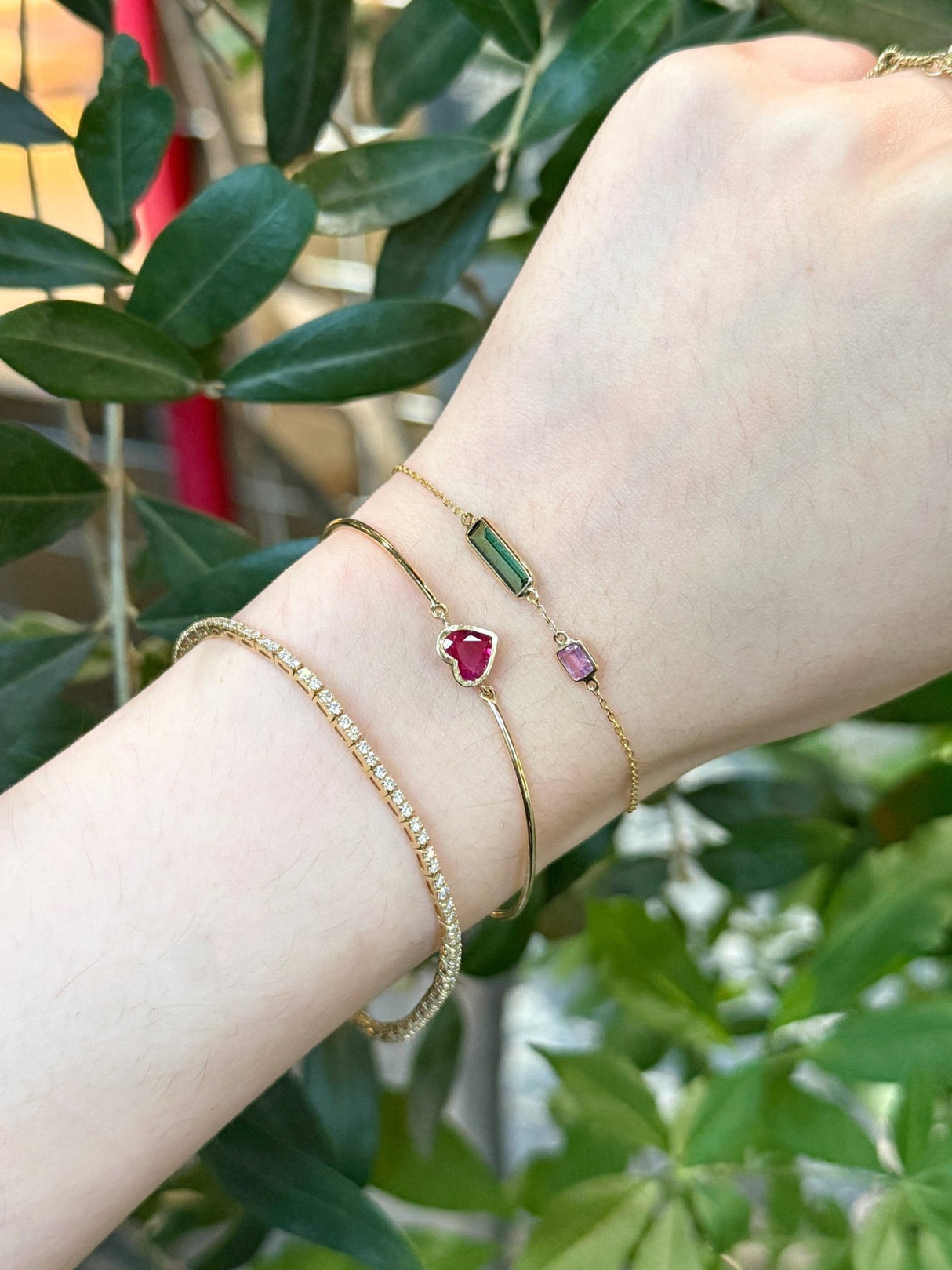 Ruby Heart Supreme Bangle 18k gold Stackable design on model