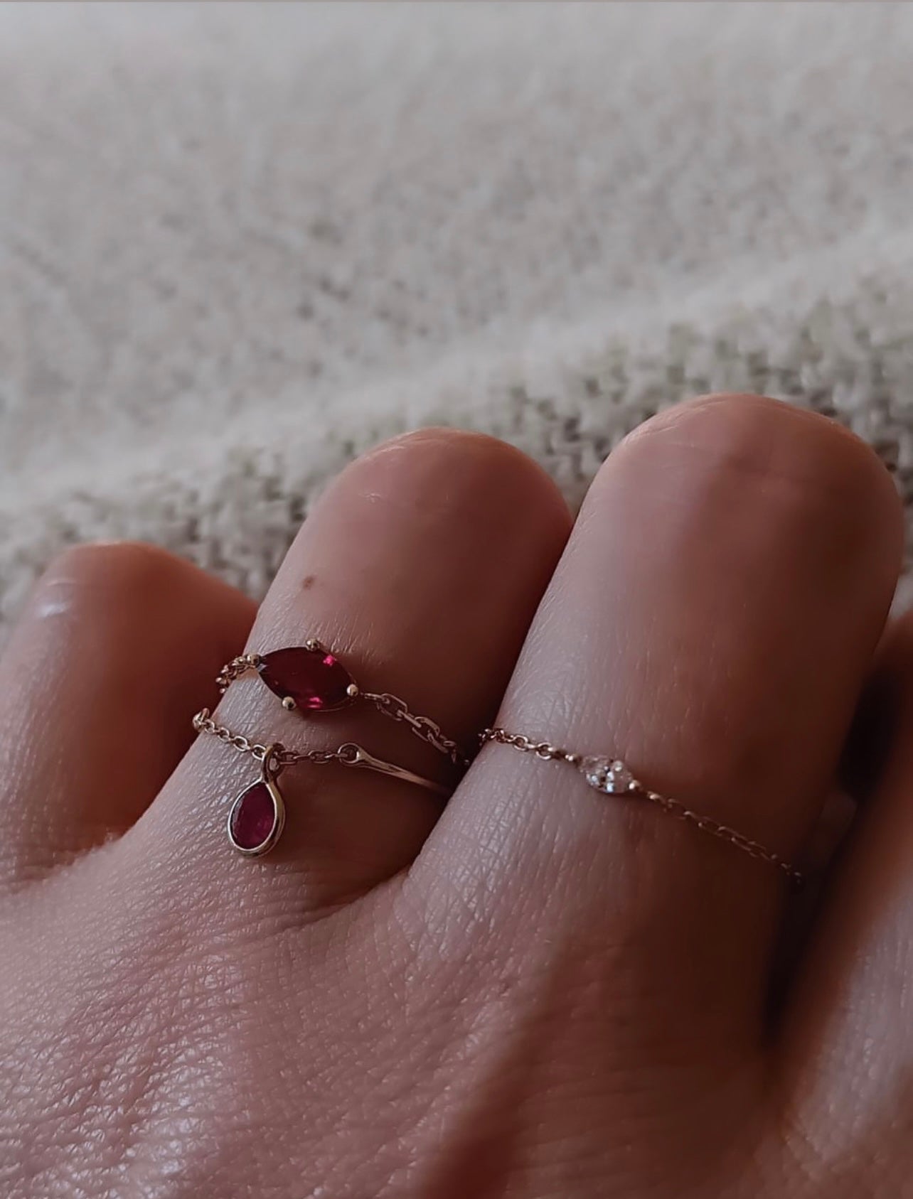 Ruby Marquise Supreme Chain Ring 18k gold Stackable ring on model