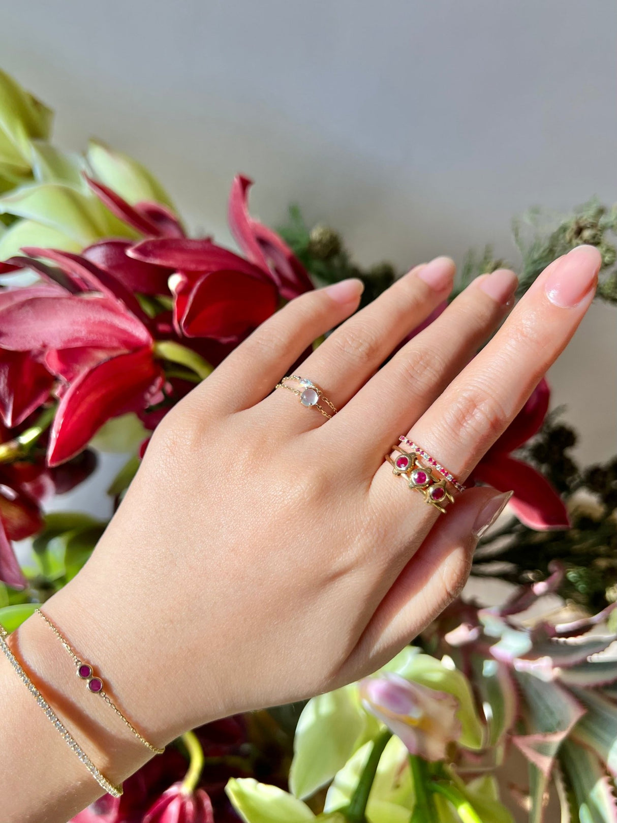 Ruby Orbit Ring 18k gold Stackable ring on model