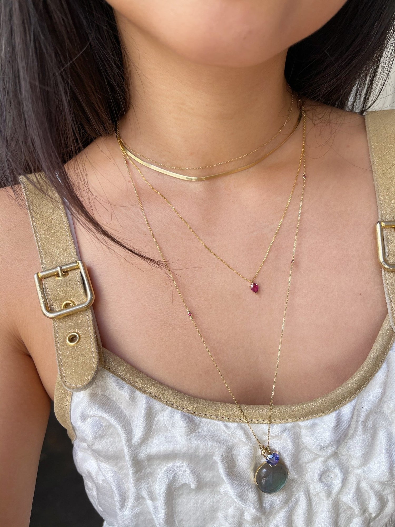 Ruby Petite Drop Necklace 18k gold handmade fine jewelry on model