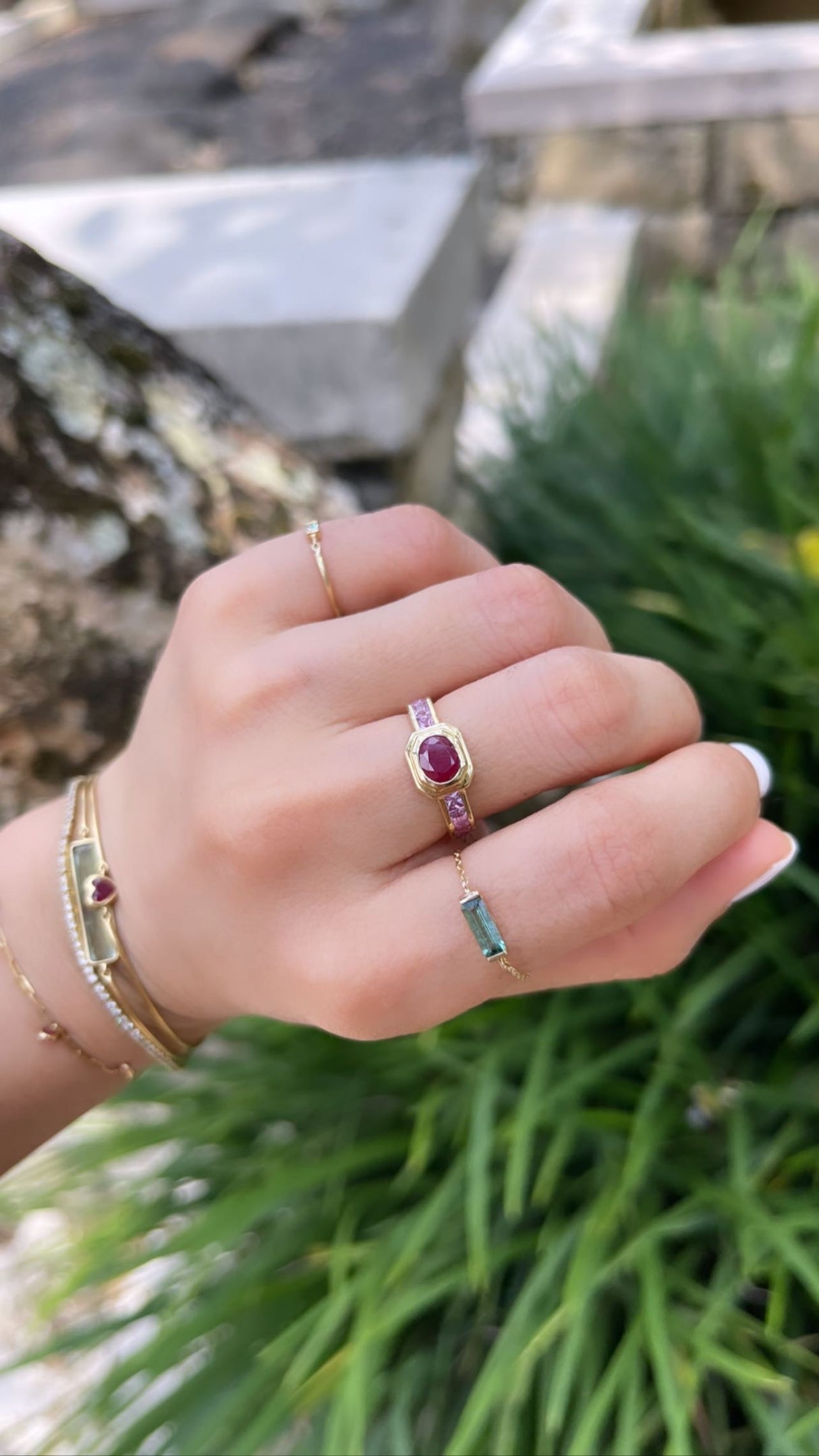 Ruby & Pink Sapphire Circa Ring 18k gold Stackable ring on model
