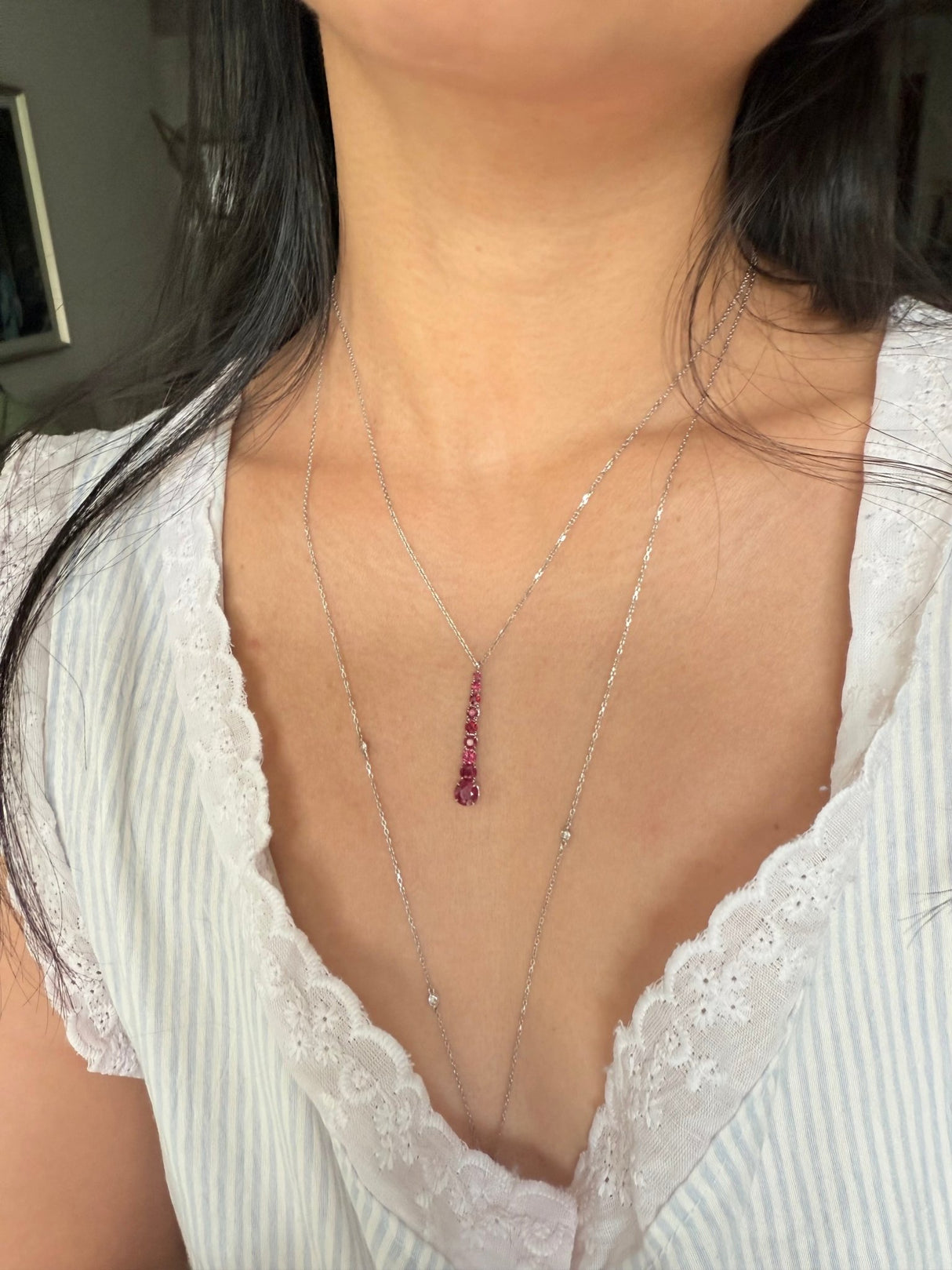 Ruby links Necklace 18k white gold handmade fine jewelry on model 3