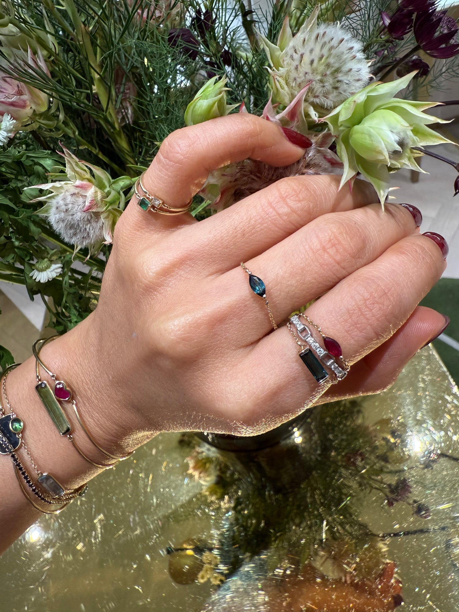 Ruby marquise Chain Ring 14k gold Stackable ring on model