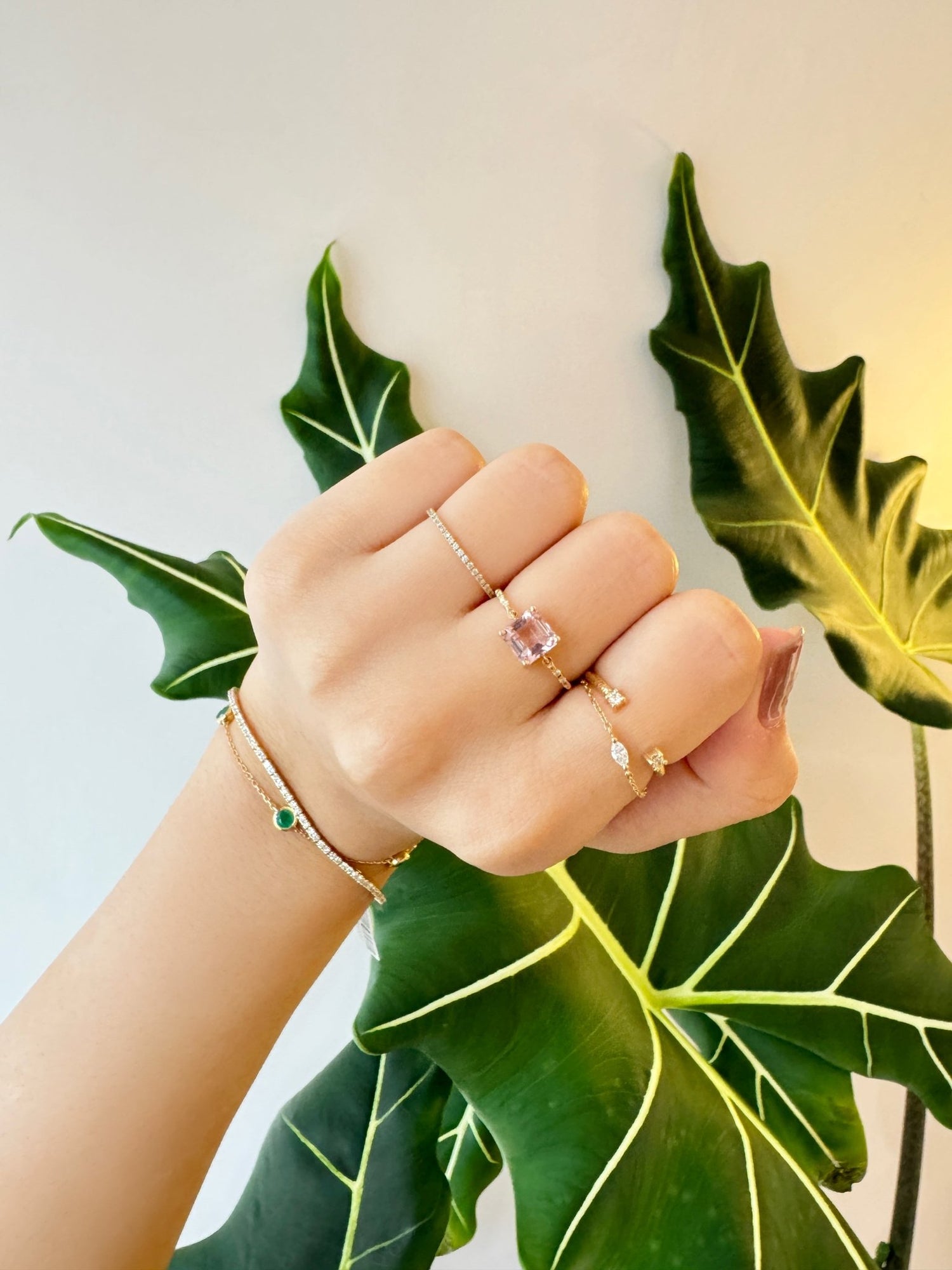 Sakura Pink Tourmaline Petite Circle Diamond Ring 18k gold stackable ring on model