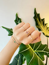 Sakura Pink Tourmaline Petite Circle Diamond Ring 18k gold stackable ring on model