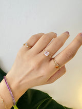 Sakura Pink Tourmaline Petite Circle Diamond Ring 18k gold stackable ring on model 3
