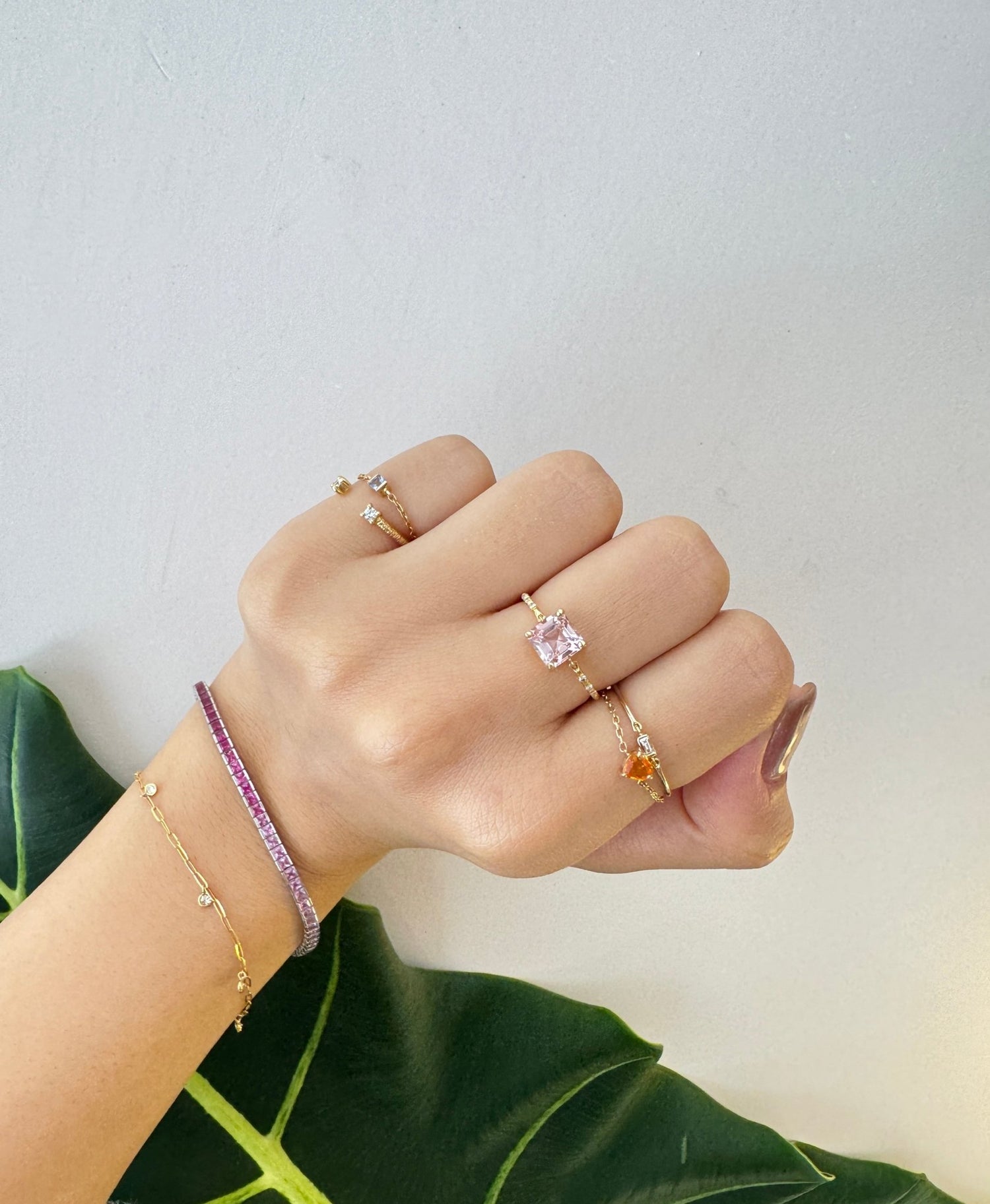 Sakura Pink Tourmaline Petite Circle Diamond Ring 18k gold stackable ring on model 4