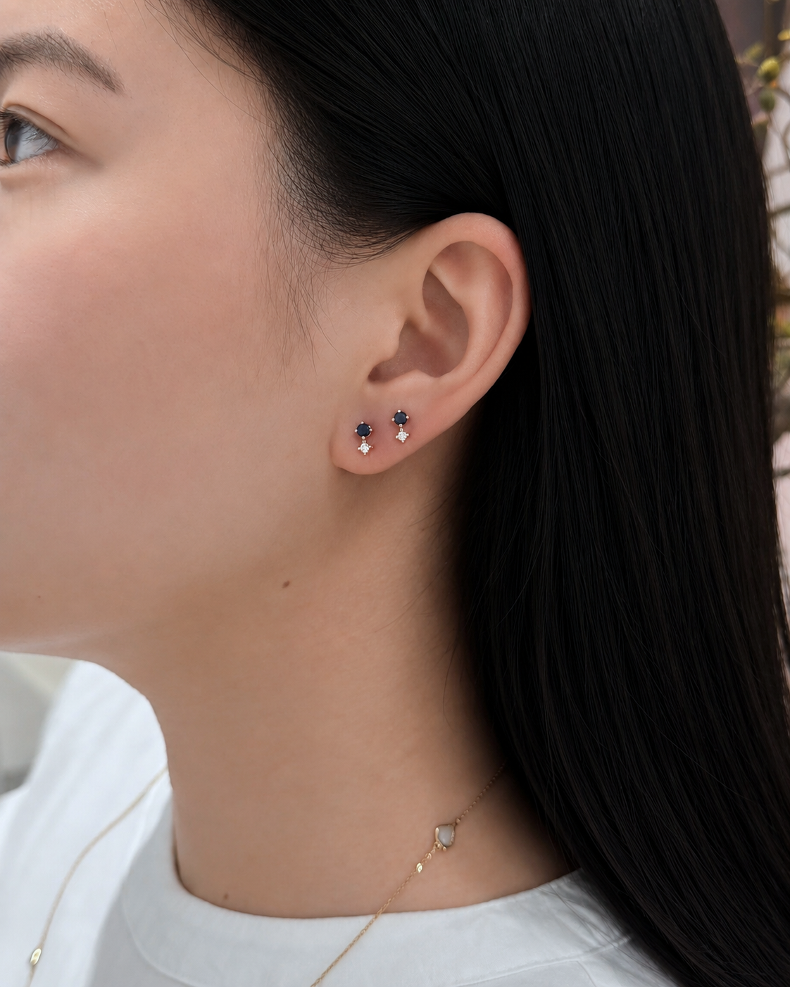Sapphire_Diamond_Dot_Stud_Pairs_14K_gold_handmade_fine_jewelry_on_model_2