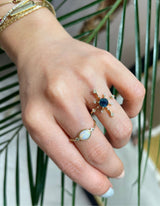 Sapphire & Diamond Starburst Ring 18k gold engagement ring on model