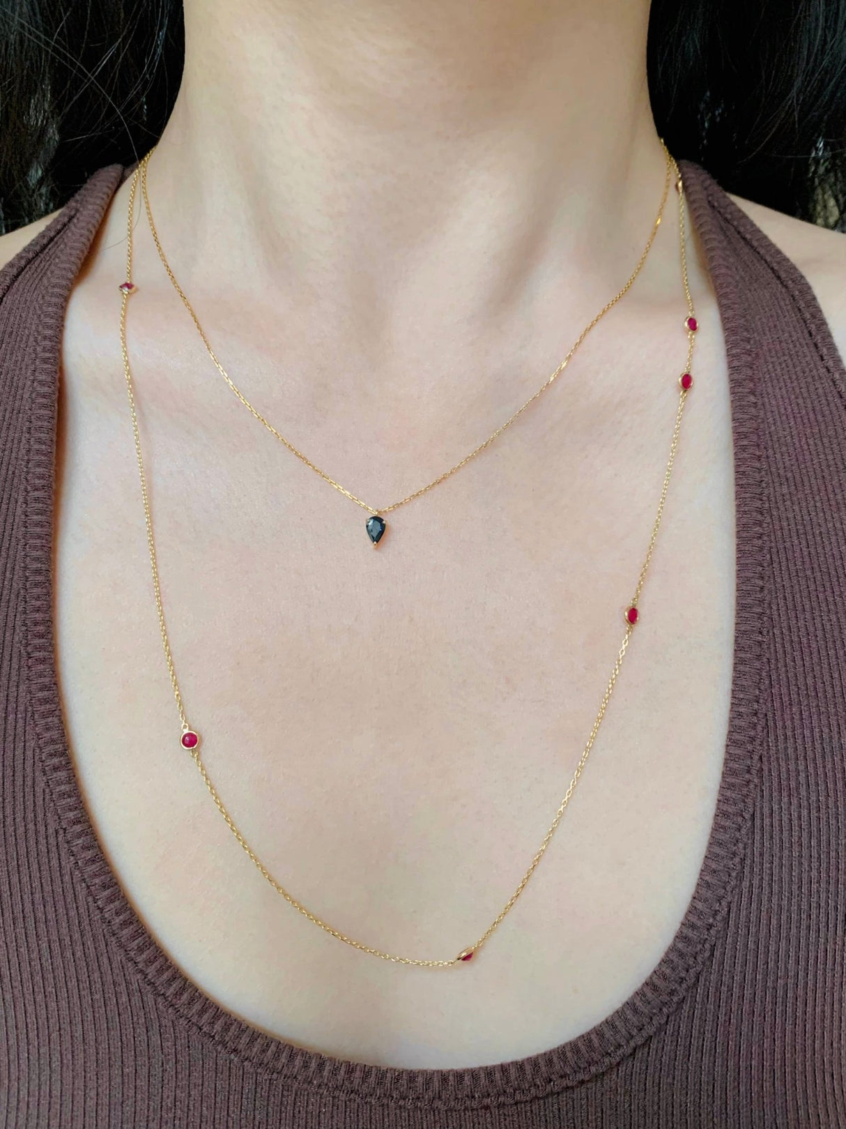 Sapphire Petite Drop Necklace 18k gold handmade fine jewelry on model